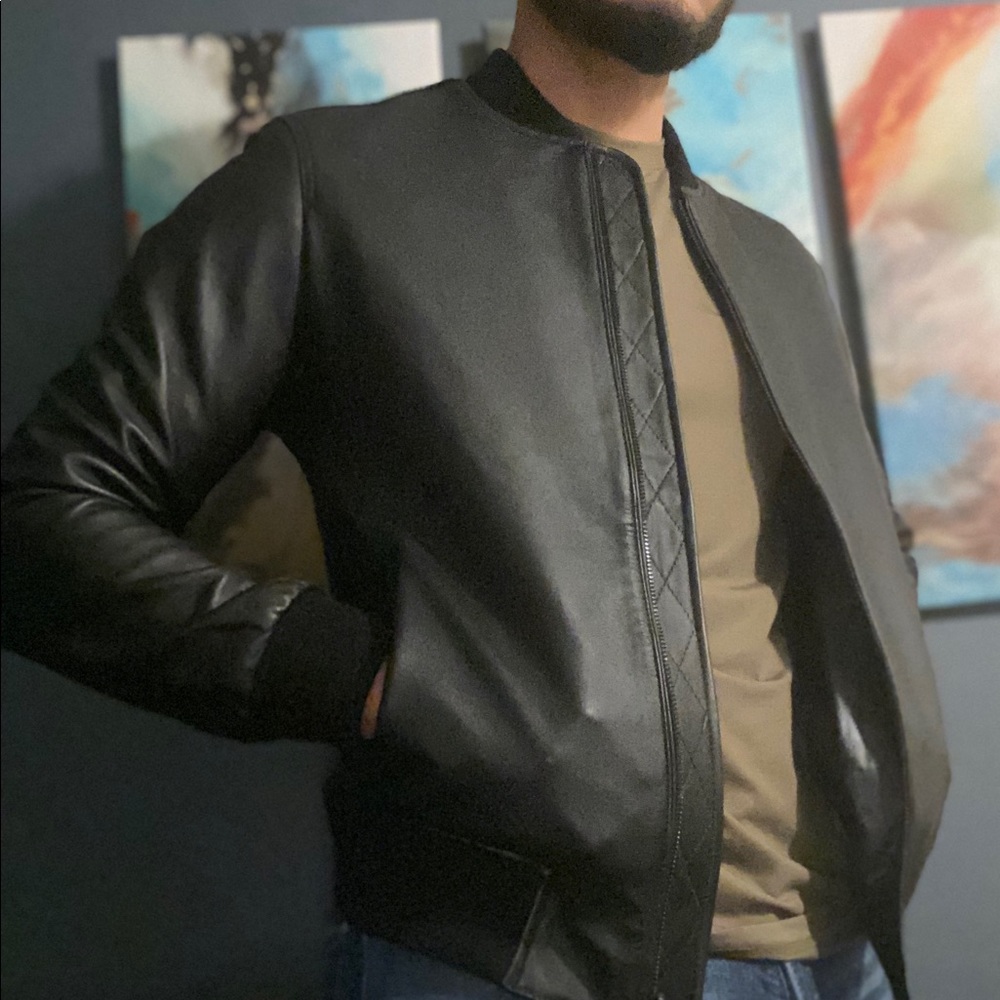 Black leather bomber jacket